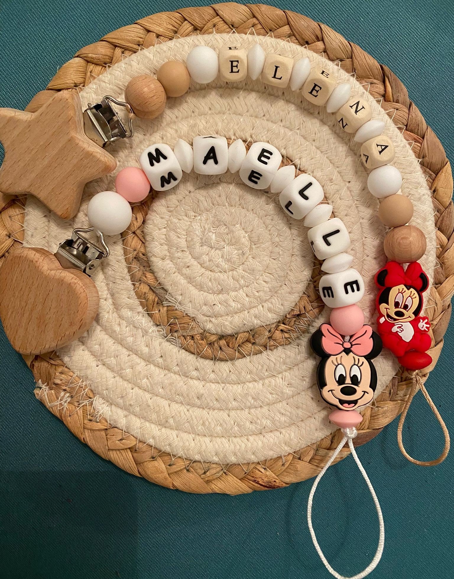 Attache Tétine Bois & Silicone - Étoile Minnie & Bébé Mickey